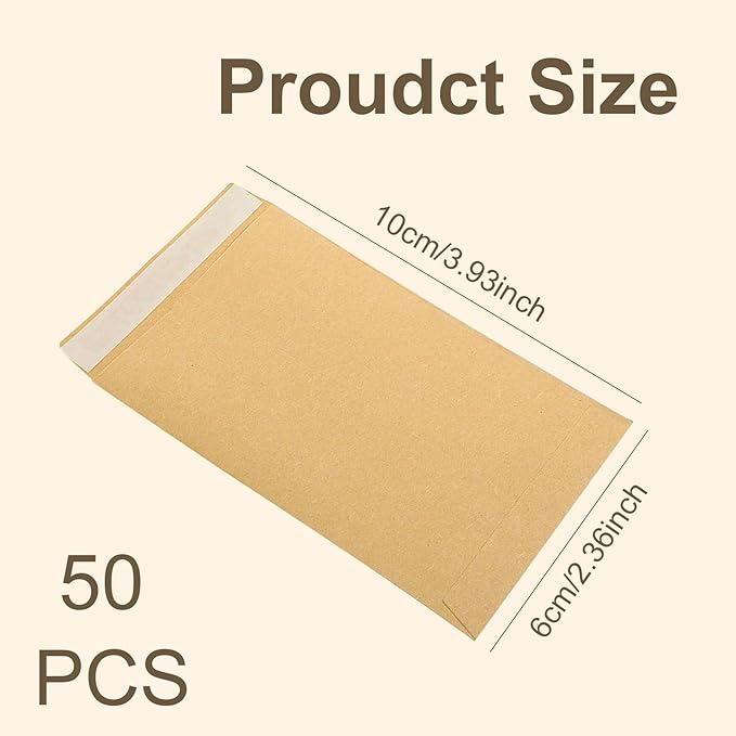 Money Envelopes, 50Pcs 3.9 X 2.4 Brown Self-Adhesive Seed Envelopes for Small Items, Wages, Notes, Beads