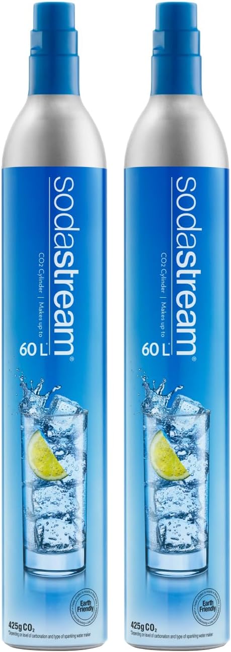 Sodastream - 2 x CO2 Cylinder for Sparkling Water Maker, Blue Screw-in Gas System, Makes 60 Litres Fizzy Drinks, Compatible with Spirit, Crystal and Genesis, Reduce Plastic Waste, Aarke Compatible